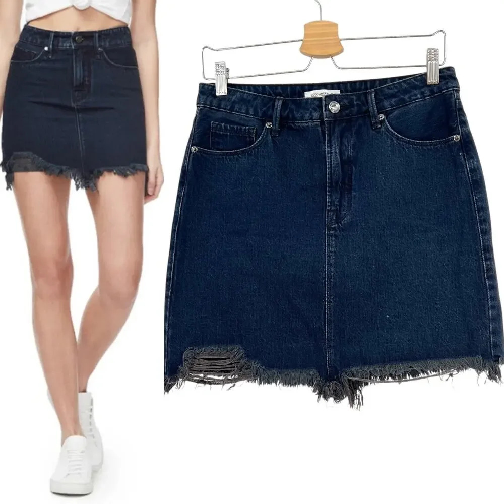 Good American Frayed Hem Denim Miniskirt In Blue299 Dark Wash Size 4 / 27